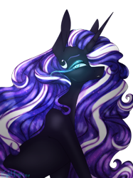 Size: 1280x1707 | Tagged: safe, artist:noctis-stella, nightmare rarity, pony, unicorn, g4, blue eyes, colored pupils, curly mane, eyelashes, female, glowing eyes, horn, long horn, long mane, looking at you, purple mane, signature, simple background, solo, transparent background