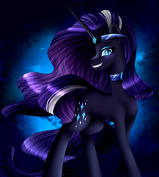 Size: 1973x2200 | Tagged: safe, artist:lada03, nightmare rarity, pony, unicorn, g4, blue background, blue eyes, colored pupils, crown, evil smile, eyelashes, female, flowing mane, flowing tail, grin, horn, jewelry, long horn, looking at you, necklace, purple mane, regalia, simple background, smiling, solo, teeth