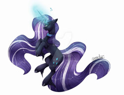 Size: 1024x787 | Tagged: safe, artist:elliasxmoon, nightmare rarity, pony, unicorn, g4, blue eyes, chest fluff, deviantart watermark, eyelashes, female, flowing mane, flowing tail, glowing, glowing horn, horn, jewelry, long horn, looking at you, necklace, obtrusive watermark, purple mane, signature, simple background, solo, unshorn fetlocks, watermark, white background