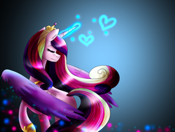 Size: 2280x1720 | Tagged: safe, artist:lada03, princess cadance, alicorn, pony, g4, eyes closed, female, glowing horn, heart, horn, magic, mare, simple background, smiling, solo