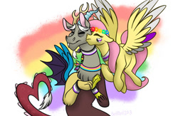 Size: 1106x722 | Tagged: safe, artist:bella-pink-savage, discord, fluttershy, draconequus, pegasus, pony, g4, asexual, asexual pride flag, bands, cheek kiss, colorful, demisexual pride flag, ears up, female, flower, headcanon, heart, kissing, lgbt headcanon, male, panromantic, pride, pride flag, pride month, rainbow, raised eyebrow, sexuality headcanon, ship:discoshy, shipping, simple background, straight, white background, wings