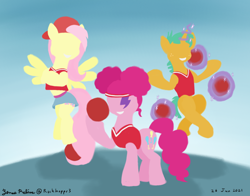 Size: 1400x1100 | Tagged: safe, artist:rockhoppr3, fluttershy, pinkie pie, snails, earth pony, pegasus, pony, unicorn, g4, 90s grunge fluttershy, buckball, clothes, crossed hooves, dodgeball, hoof hold, levitation, lineless, lotus position, magic, pinktails pie, prehensile tail, telekinesis