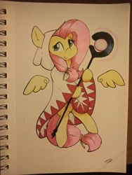 Size: 3072x4096 | Tagged: safe, artist:taurson, fluttershy, pegasus, pony, g4, clothes, cosplay, costume, fantasy class, female, final fantasy, floating wings, hoof hold, mare, robe, solo, staff, traditional art, white mage, wings