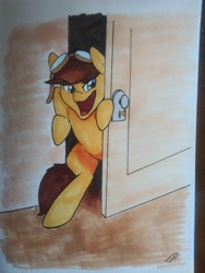 Size: 3072x4096 | Tagged: safe, artist:taurson, oc, oc only, oc:blazing beams, earth pony, pony, atg 2021, bipedal, goggles, jerry and the lion, meme, newbie artist training grounds, ponified meme, sneaky tom, solo, tom and jerry, traditional art