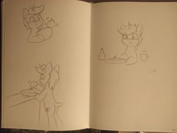 Size: 4096x3072 | Tagged: safe, artist:taurson, oc, oc only, oc:coffee, pony, unicorn, atg 2021, bipedal, bowl, eating, male, mixing bowl, monochrome, newbie artist training grounds, pencil drawing, sketch, solo, stallion, traditional art
