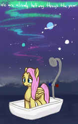 Size: 1062x1690 | Tagged: safe, artist:phutashi, fluttershy, pegasus, pony, g4, aurora borealis, bathtub, confused, female, folded wings, mare, planet, shower, solo, space, standing, three quarter view, wat, wings