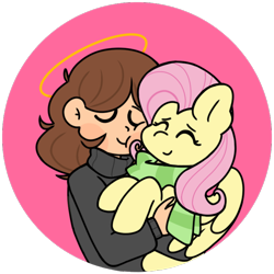 Size: 768x768 | Tagged: safe, artist:edgykidart, fluttershy, human, pegasus, pony, g4, clothes, cute, duo, eyes closed, female, halo, holding a pony, hug, mare, scarf, shyabetes, simple background, squishy cheeks, transparent background