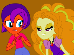 Size: 858x646 | Tagged: safe, artist:jadeharmony, artist:katetheraccoon, adagio dazzle, oc, oc:jade harmony, equestria girls, g4, base used, brown background, canon x oc, clothes, equestria girls-ified, female, gem, grin, gritted teeth, jeans, lesbian, nervous, pants, shirt, simple background, siren gem, smiling, t-shirt