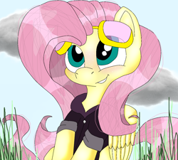 Size: 1280x1151 | Tagged: safe, artist:princessamara123, fluttershy, pegasus, pony, g4, blushing, clothes, female, goggles, hoodie, mare, redraw, solo