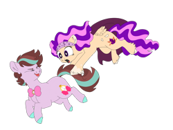 Size: 1280x960 | Tagged: safe, artist:doodletheexpoodle, oc, oc only, oc:daylight amethyst, oc:pocket watch, alicorn, earth pony, pony, bowtie, colored hooves, duo, eyes closed, female, headband, mare, offspring, parent:sunburst, parent:twilight sparkle, parents:starwhooves, parents:twiburst, simple background, tail, tail pull, tongue out, transparent background