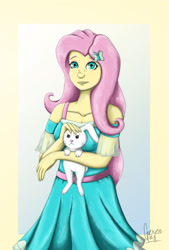 Size: 1280x1888 | Tagged: safe, artist:gexen-n8, angel bunny, fluttershy, rabbit, equestria girls, g4, angel bunny is not amused, animal, duo, looking at you, petting