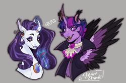 Size: 1280x845 | Tagged: safe, artist:dylandonnie, rarity, twilight sparkle, alicorn, pony, unicorn, vampire, g4, alcohol, alternate hairstyle, ascot, blaze (coat marking), bust, cape, clothes, coat markings, colored ears, colored wings, ear fluff, ear piercing, earring, eyeshadow, facial markings, fangs, female, glass, gray background, horn, horn jewelry, horn ring, jewelry, lesbian, magic, makeup, mare, necklace, piercing, redesign, ring, ship:rarilight, shipping, short hair, simple background, spread wings, telekinesis, twilight sparkle (alicorn), wine, wine glass, wings