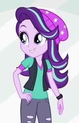Size: 450x700 | Tagged: safe, screencap, starlight glimmer, equestria girls, equestria girls specials, g4, my little pony equestria girls: mirror magic, beanie, clothes, cropped, cute, female, glimmerbetes, hand on hip, hat, pants, ripped pants, sexy, smiling, solo, torn clothes, vest