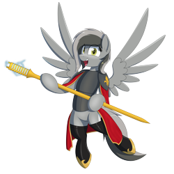 Size: 4500x4500 | Tagged: safe, artist:ponynamedmixtape, oc, oc only, oc:graeyscale, pony, adepta sororitas, armor, armored pony, boots, clothes, flying, leggings, shoes, simple background, skirt, solo, staff, transparent background, warhammer (game), warhammer 40k, weapon, zettai ryouiki