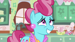 Size: 1920x1080 | Tagged: safe, screencap, cup cake, earth pony, pony, g4, party pooped, season 5, female, grin, mare, nervous, nervous smile, smiling, solo