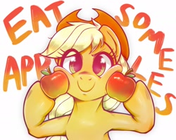 Size: 2048x1628 | Tagged: safe, artist:kurogewapony, applejack, earth pony, pony, apple, cheek squish, cute, food, happy, hat, holding, jackabetes, looking at you, simple background, smiling, solo, squishy cheeks, text, that pony sure does love apples