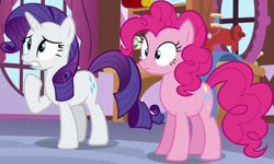 Size: 1281x767 | Tagged: safe, screencap, pinkie pie, rarity, earth pony, pony, unicorn, g4, party pooped, season 5, cropped, female, mare, raised hoof, worried