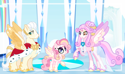 Size: 3432x2016 | Tagged: safe, artist:interstellar-quartz, prince blueblood, princess cadance, princess flurry heart, pegasus, pony, amaryllisverse, g4, alternate design, alternate universe, base used, brooch, clothes, family, feathered fetlocks, female, filly, heterochromia, high res, jewelry, pegasus cadance, race swap, robe, watermark