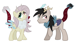 Size: 4656x2638 | Tagged: safe, artist:candyandflurry, oc, oc:angel shy, oc:cosmic chaos, hybrid, female, interspecies offspring, male, offspring, parent:discord, parent:fluttershy, parents:discoshy, simple background, transparent background