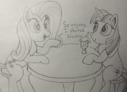 Size: 3890x2825 | Tagged: safe, artist:doodledonutart, fluttershy, twilight sparkle, pony, g4, atg 2021, duo, female, high res, it's always sunny in philadelphia, milkshake, monochrome, newbie artist training grounds, pencil drawing, so anyway i started blasting, traditional art