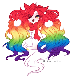 Size: 2452x2624 | Tagged: safe, artist:krissstudios, oc, oc only, earth pony, pony, blushing, chest fluff, chibi, clothes, female, high res, long hair, mare, multicolored hair, rainbow hair, scarf, simple background, solo, white background