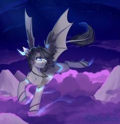 Size: 2629x2719 | Tagged: safe, artist:mediasmile666, oc, oc only, pony, flying, high res, hybrid wings, jewelry, mountain, night, night sky, pendant, sky, solo, spread wings, wings
