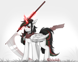 Size: 3000x2385 | Tagged: safe, artist:mediasmile666, oc, oc only, alicorn, pony, alicorn oc, blood, high res, horn, magic, red eyes, scythe, solo, standing, telekinesis, weapon, wings