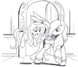 Size: 1440x1241 | Tagged: safe, artist:nauyaco, fluttershy, oc, bird, pony, g4, male, monochrome, stallion