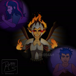 Size: 1920x1920 | Tagged: safe, artist:ro994, flash sentry, sci-twi, twilight sparkle, oc, oc:fire pit, equestria girls, g4, female, loose hair, male, midnight-ified, nightmare, sleeping, sweat