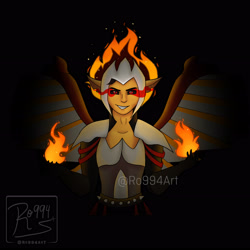 Size: 3264x3264 | Tagged: safe, artist:ro994, flash sentry, oc, oc only, oc:fire pit, equestria girls, g4, armor, black background, eye mist, fire, high res, male, midnight-ified, simple background, solo