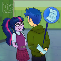 Size: 1920x1920 | Tagged: safe, artist:ro994, flash sentry, sci-twi, twilight sparkle, equestria girls, g4, arm behind back, clothes, female, hoodie, lockers, male, note, ship:flashlight, ship:sci-flash, shipping, straight, sweater vest, watermark