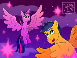 Size: 1920x1440 | Tagged: safe, artist:ro994, flash sentry, twilight sparkle, alicorn, pegasus, pony, g4, female, flying, male, mare, night, scar, ship:flashlight, shipping, sparkles, spread wings, stallion, straight, twilight sparkle (alicorn), watermark, wings