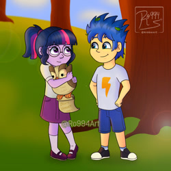 Size: 1280x1280 | Tagged: safe, artist:ro994, flash sentry, owlowiscious, sci-twi, twilight sparkle, equestria girls, g4, converse, fanfic art, female, male, ship:flashlight, ship:sci-flash, shipping, shoes, smiling, straight, watermark, younger