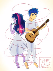 Size: 1920x2560 | Tagged: safe, artist:ro994, flash sentry, sci-twi, twilight sparkle, equestria girls, g4, acoustic guitar, barefoot, clothes, dress, duo, eyes closed, feet, female, glasses off, guitar, loose hair, male, male feet, musical instrument, ship:flashlight, ship:sci-flash, shipping, simple background, soles, spring dress, straight, summer dress, sundress, watermark, white background, white dress