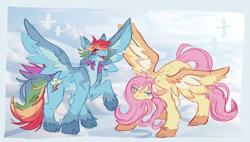 Size: 2204x1255 | Tagged: safe, artist:izzypaw, fluttershy, rainbow dash, pegasus, pony, g4, duo, female, high five, high wing, mare