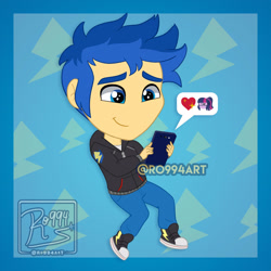 Size: 1920x1920 | Tagged: safe, artist:ro994, flash sentry, equestria girls, g4, cellphone, chibi, converse, heart, implied flashlight, implied sciflash, implied shipping, implied straight, male, no nose, phone, shoes, smartphone, solo, watermark