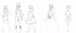 Size: 5000x2200 | Tagged: safe, artist:wildnature03, applejack, fluttershy, pinkie pie, rainbow dash, rarity, human, g4, boots, bouquet, choker, clothes, dress, female, flower, grayscale, humanized, marriage, monochrome, peace sign, shoes, simple background, sketch, skirt, straw in mouth, wedding, wedding dress, white background