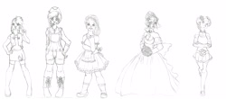 Size: 5000x2200 | Tagged: safe, artist:wildnature03, applejack, fluttershy, pinkie pie, rainbow dash, rarity, human, g4, boots, bouquet, choker, chokershy, clothes, dress, female, flower, grayscale, humanized, marriage, monochrome, peace sign, shoes, simple background, sketch, skirt, straw in mouth, wedding, wedding dress, white background