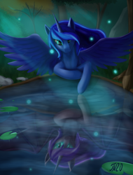 Size: 2658x3492 | Tagged: safe, artist:tenebrisnoctus, nightmare moon, princess luna, alicorn, pony, g4, bat wings, blue mane, doodle, ethereal mane, female, flowing mane, forest, glowing eyes, grass, green eyes, high res, horn, reflection, signature, solo, spread wings, starry mane, tree, water, wings