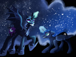 Size: 1600x1200 | Tagged: safe, artist:vamcatblaze123, nightmare moon, princess luna, alicorn, pony, bat wings, beautiful, blue eyes, blue mane, colored pupils, ethereal mane, evil grin, eyelashes, female, flowing mane, folded wings, glowing, glowing horn, grin, hoof shoes, horn, looking at each other, smiling, spread wings, starry mane, teeth, wings