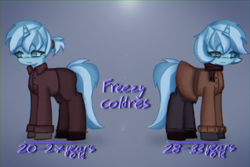 Size: 3000x2000 | Tagged: safe, artist:menalia, oc, oc only, oc:freezy coldres, pony, unicorn, chromatic aberration, clothes, female, gloves, high res, horn, light, lineart, mare, pants, reference sheet, scarf, shirt, shoes, simple background, skirt, text