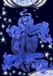 Size: 2466x3486 | Tagged: safe, artist:liz-kotlin, princess luna, alicorn, pony, g4, blue eyes, blue tail, bubble, feather, female, high res, horn, looking up, moon, moonlight, solo, space, sparkles, stars, teary eyes, wings