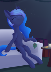 Size: 988x1394 | Tagged: safe, artist:dusthiel, princess luna, alicorn, pony, g4, atg 2021, chest fluff, christmas, cookie, ethereal mane, ethereal tail, eyes closed, food, glass of milk, holiday, holly, leg fluff, milk, newbie artist training grounds, onomatopoeia, sleeping, slim, solo, sound effects, tail, wing fluff, wings, zzz