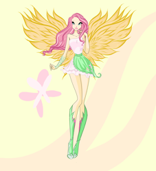 Size: 2000x2200 | Tagged: safe, artist:caboulla, fluttershy, human, g4, abstract background, bare shoulders, clothes, female, high res, humanized, long legs, skirt, sleeveless, solo, spread wings, strapless, wings, winx, winxified