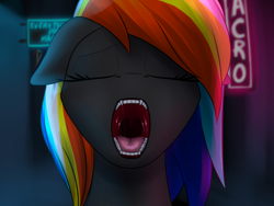 Size: 2000x1500 | Tagged: safe, artist:darky_wings, oc, oc only, oc:darky wings, pony, eyes closed, fangs, female, floppy ears, maw, mawshot, neon, neon sign, open mouth, teeth