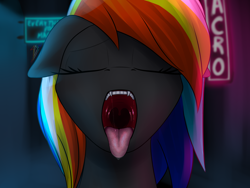 Size: 2000x1500 | Tagged: safe, artist:darky_wings, oc, oc only, oc:darky wings, pony, eyes closed, fangs, female, floppy ears, maw, mawshot, neon, neon sign, open mouth, teeth, tongue out