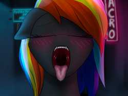 Size: 2000x1500 | Tagged: safe, artist:darky_wings, oc, oc only, oc:darky wings, pony, blushing, eyes closed, fangs, female, floppy ears, maw, mawshot, neon, neon sign, open mouth, teeth, tongue out