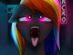 Size: 2000x1500 | Tagged: safe, artist:darky_wings, oc, oc only, oc:darky wings, pony, ahegao, blushing, fangs, female, floppy ears, glowing eyes, heart eyes, looking up, maw, mawshot, neon, neon sign, open mouth, teeth, tongue out, wingding eyes