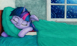 Size: 1920x1143 | Tagged: safe, artist:myzanil, twilight sparkle, pony, unicorn, g4, bed, book, colored pencil drawing, cute, eyes closed, floppy ears, messy mane, night, pillow, sleeping, solo, stars, traditional art, window