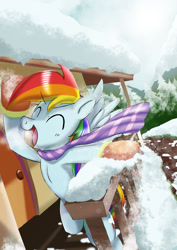 Size: 1024x1449 | Tagged: safe, artist:neoshrek, rainbow dash, pegasus, pony, g4, ^^, clothes, eyes closed, female, fir tree, house, mare, mittens, open mouth, open smile, railing, scarf, smiling, snow, solo, tree